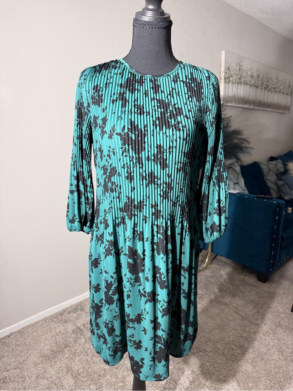 New With Tags J. Jill Emerald Green Black Floral Pleated Midi Dress Size XSP